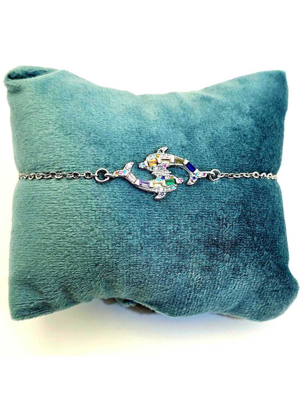 Multicolor CZ Dolphin Bracelet - Adjustable Stainless Steel